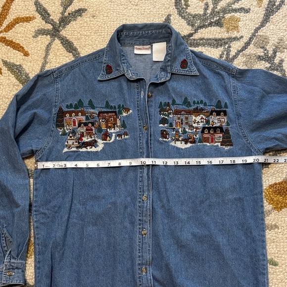 Women’s vintage Denim Shirt with Christmas village Embroidered Design - Picture 11 of 16